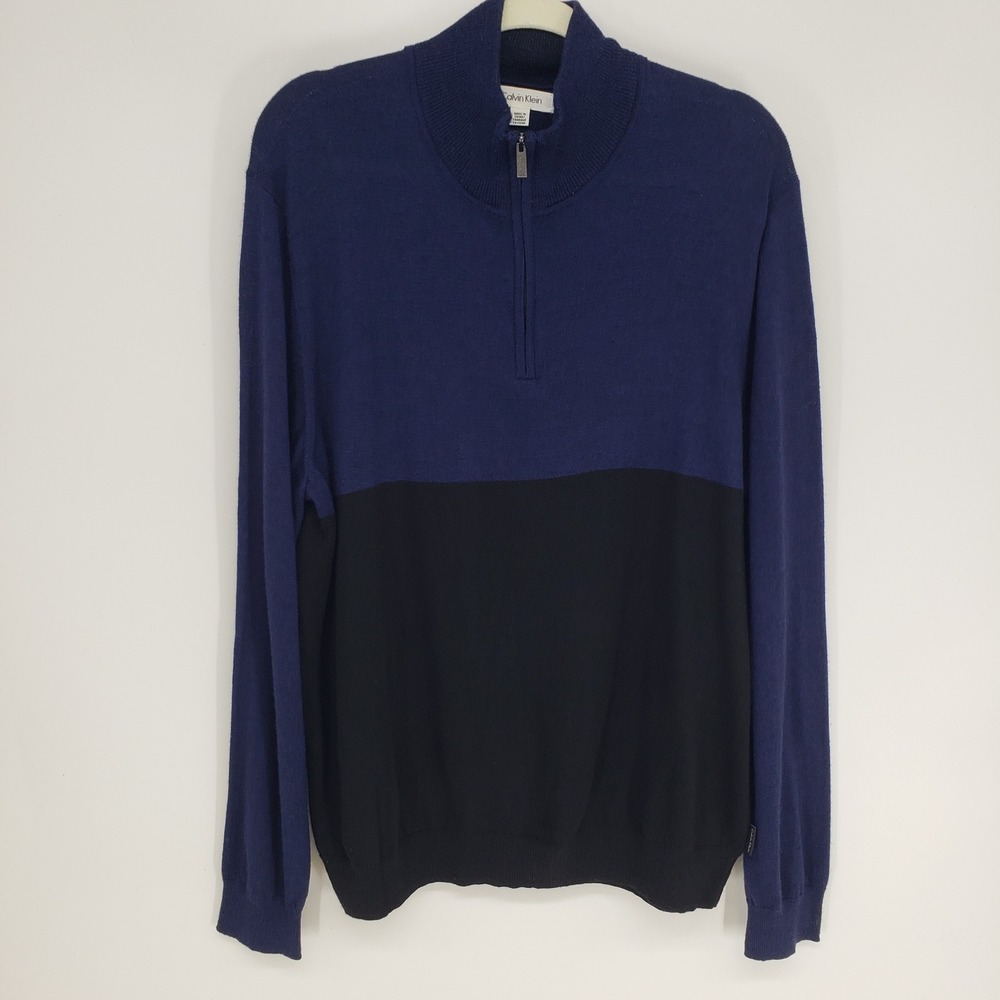 Calvin Klein Colorblock Quarter Zip Sweater Mens XL Blue Black Merino Wool Blend